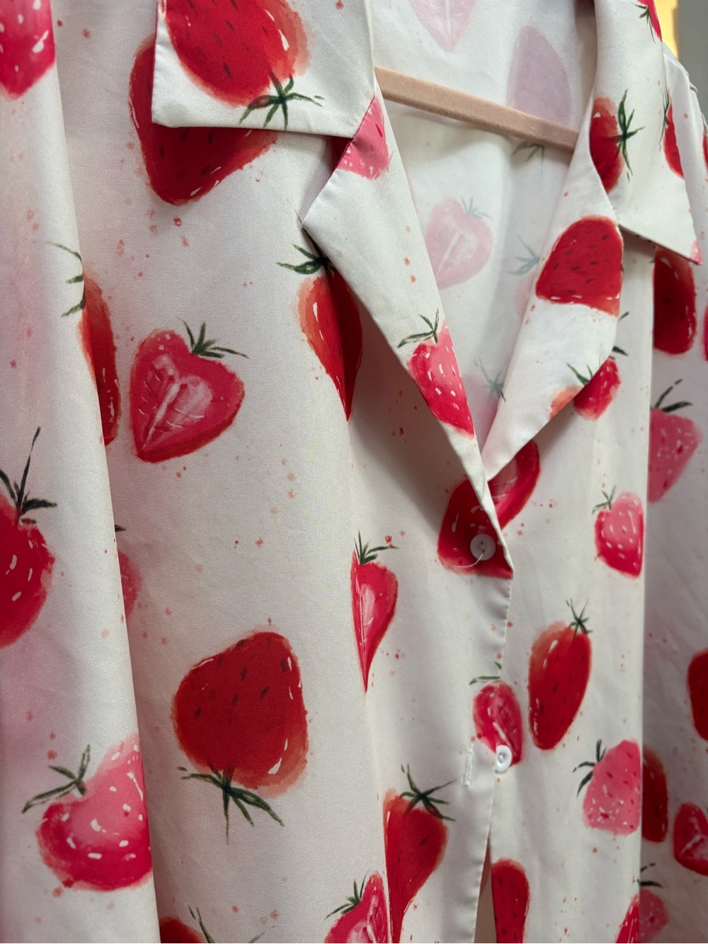 Strawberry Print Button-Up Blouse - Cream & Red